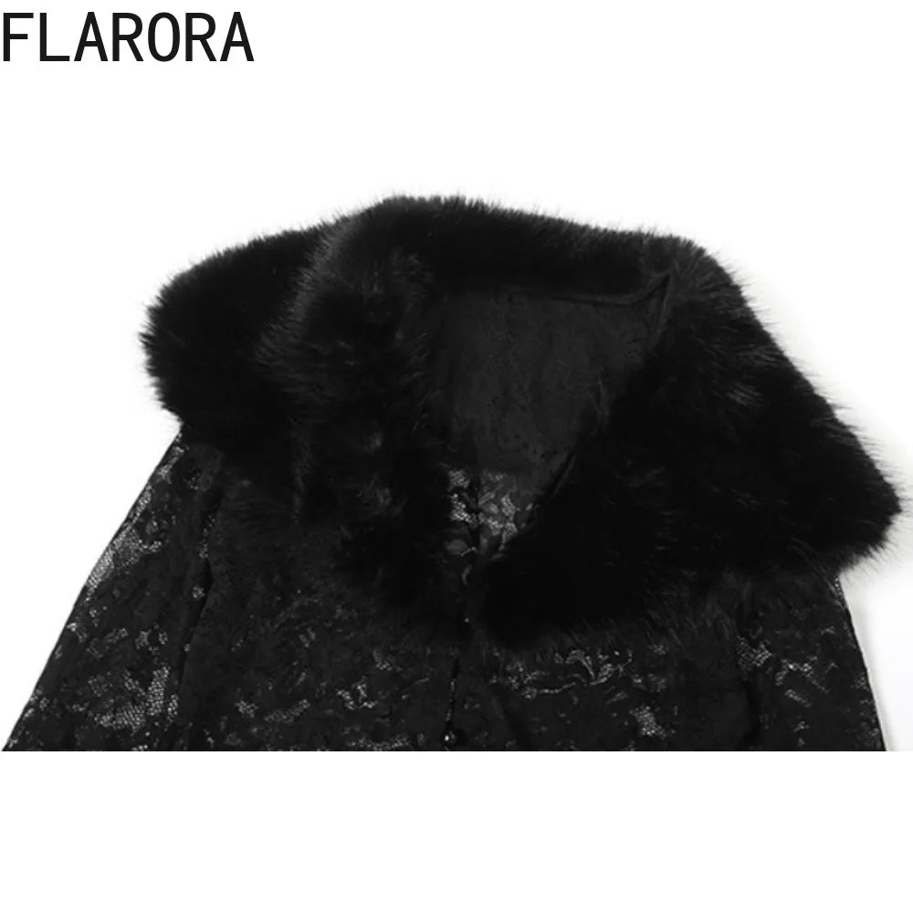 FLARORA Sexy Lace Fur Patchwork 2 Pcs Sets Woman Jacquard