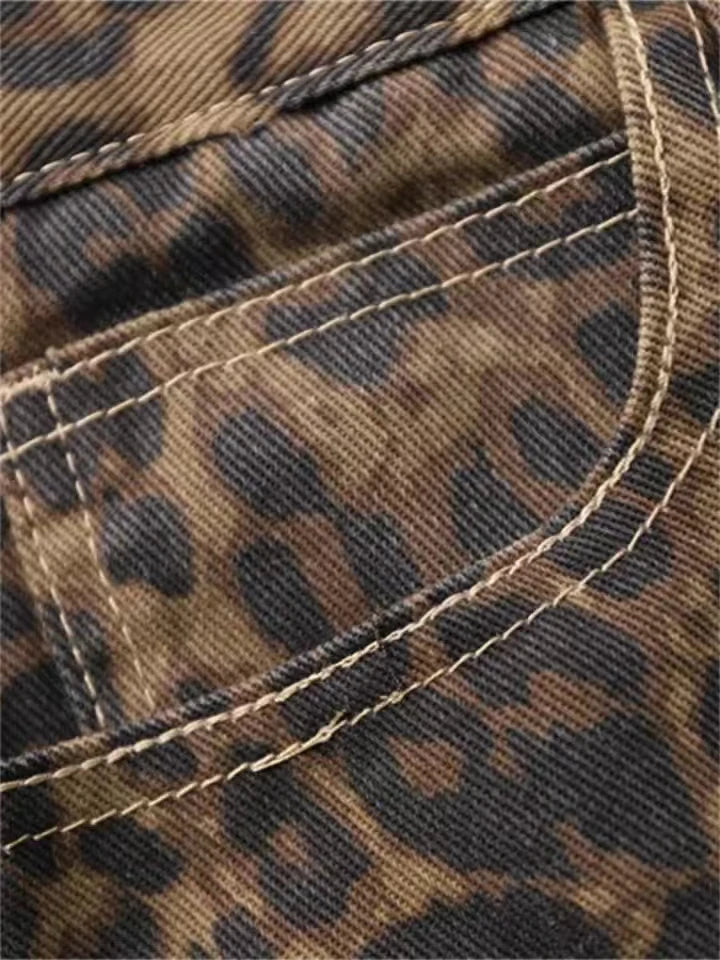 Tan Leopard Wide Leg Streetwear Jeans