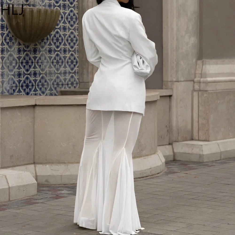 FAGADOER Autumn New Fashion Woman 2 Piece Set Outfit Solid Color Deep V-Neck Jacket and  + Mesh Skirt Matching Female Streetwear