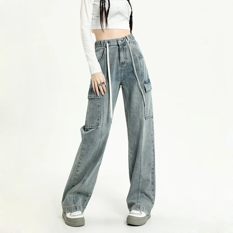 2024 Spring New Vintage Jeans Women's Elastic Waist Fashion Straight Drawstring Baggy Y2k Cargo Pants Streetwear