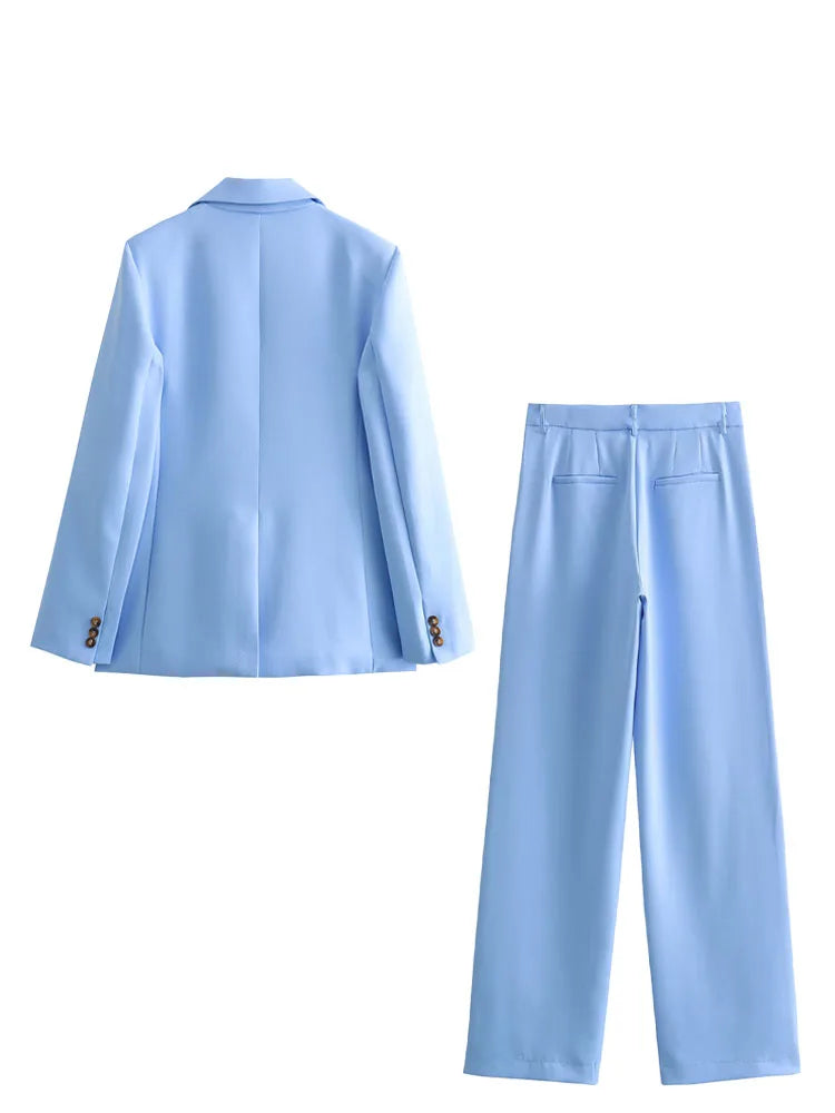 HH Woman Suit Blue Turn-Down Collar Long Sleeves Pockets Single Button+Mid Waist Pockets Zipper Wide Leg Pants Female Sets