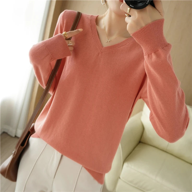Peach V-Neck Knitted Sweater for Women