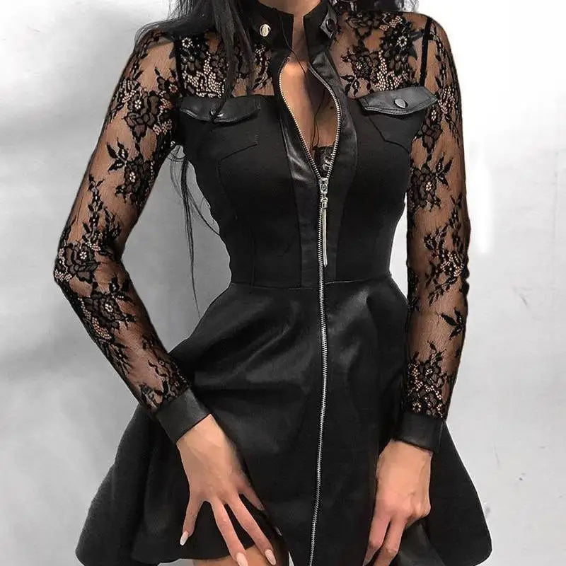 Faux Leather Dress Women Sexy Lace Mini Dress