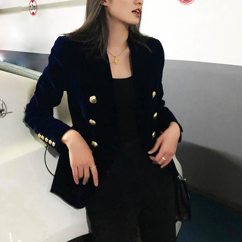 New Spring Fashion Women Midnight Navy Slim Velvet Blazer