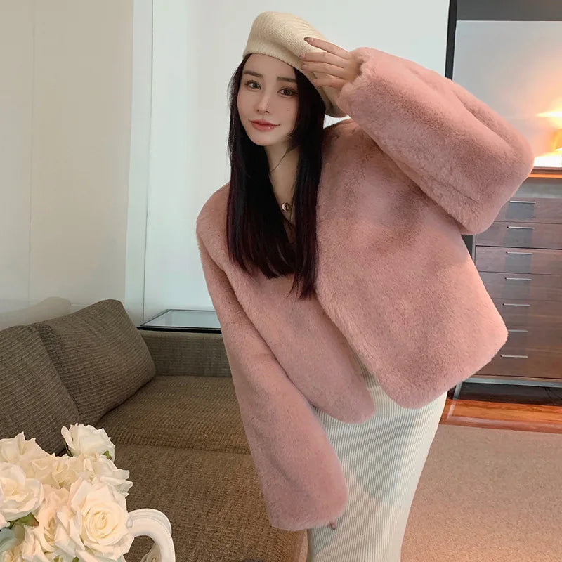 Korean Style Short Thickened Eco-Friendly Faux Fur Coat