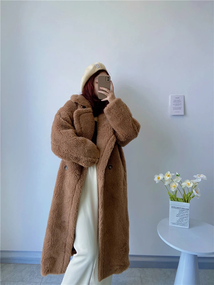 Winter Jacket Women Long Coat  Wool Woven Fabric Thick Warm