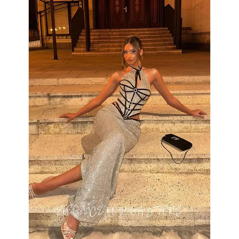 EVS Halter Sexy Beaded Sparkly Lace Mermaid Evening Dress