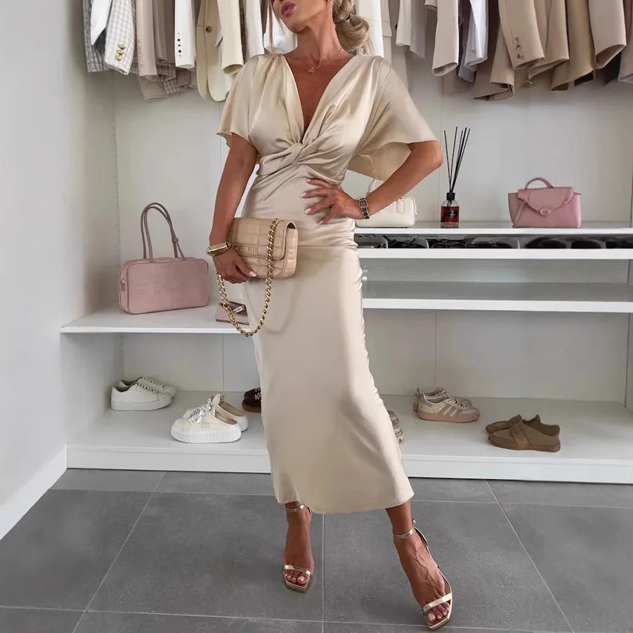 Sexy Satin Summer Dress Elegant Deep V Collar Bat Short Sleeve Party Dress Women Temperament Slim Fit Solid Long Dress