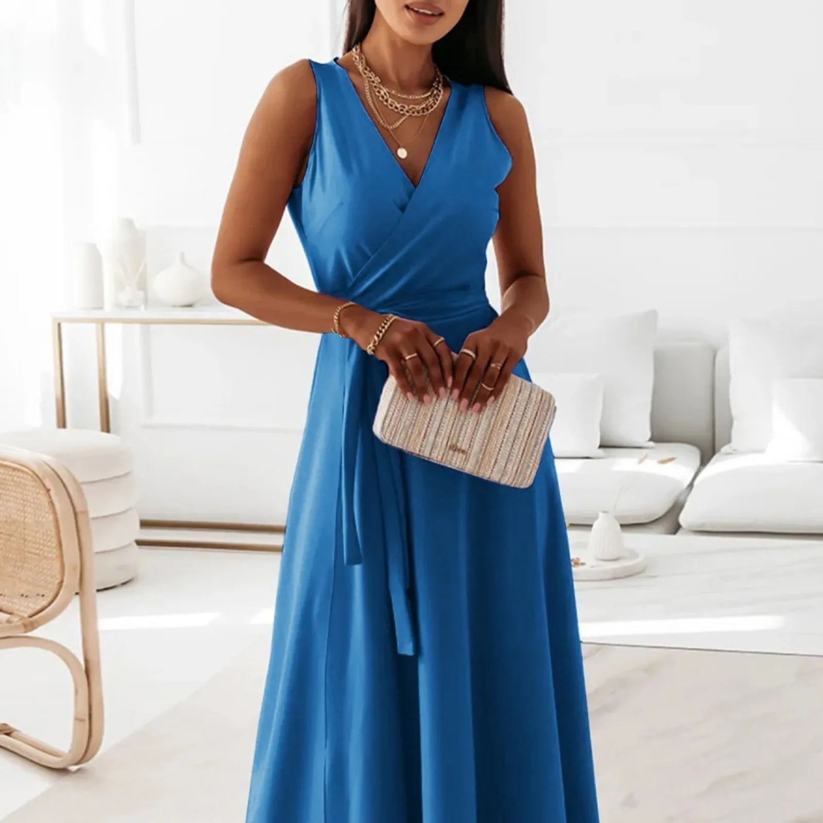 dresses for women elegant party dresses V-neck Sleeveless Belt Evening Dresses