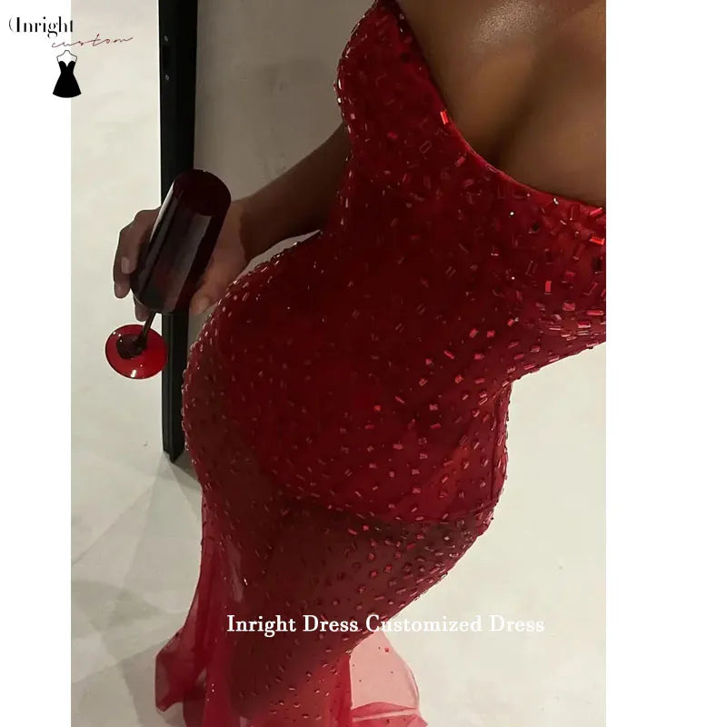 Inright Customized Sexy Red Beading Birthday Dress African Red Carpet Dress