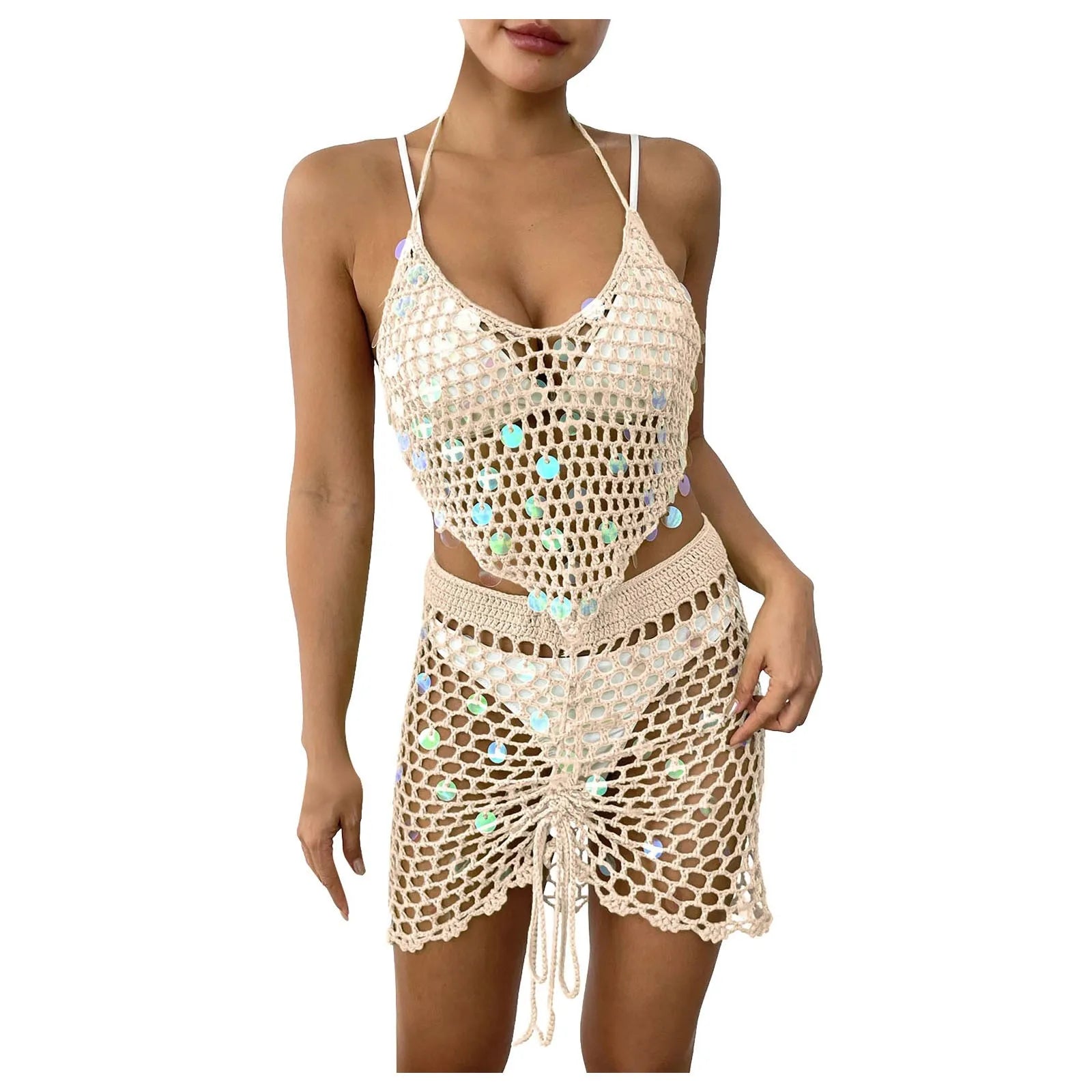 Beach Cover Up 2pcs Sexy Women Shiny Sequin Hollow Out Knitted Tank Tops
