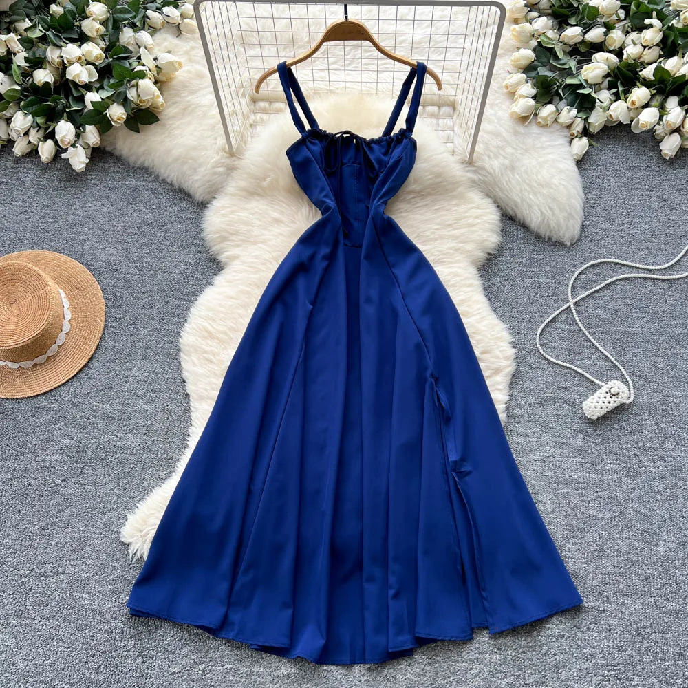 Vintage sexy split Ruched Dress Chic Summer Beach