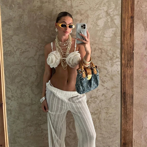 3Pcs Lace Up Bikini With Long Pants Floral Swimsuit Women