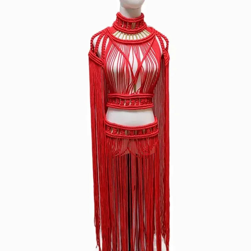 Leosoxs Tassel Hand Crochet Knitted Women Bikini Cover Ups Summer Holiday