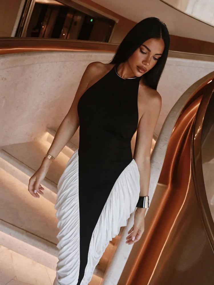 Women Celebrity Sexy Tank Patchwork Ruched Black White Summer Midi Gowns Dress 2025 Elegant Evening Party Club Vestido