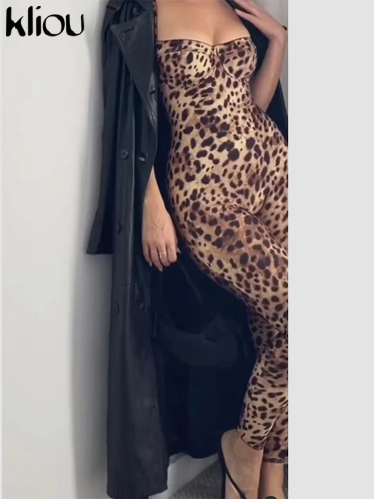 kliou Leopard Printed Women Jumpsuits Sexy Hot Popular Low Neck Spaghetti