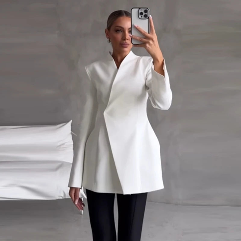 Elegant Solid Blazer Skirt Set Women Slim One Button Suit Jacket Pleated See Through Fishtail Skirts 2025 Spring Lady Party Suit