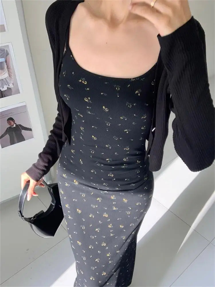 Women Summer Sexy Bodycon Dress Lady Sexy Spaghetti Strap Sleeveless Split Sheath Floral Dress Maxi Black Vestidos