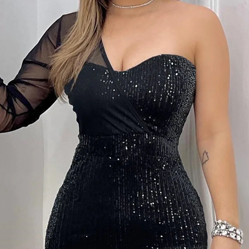 Sexy Dress for Women 2024 Summer Fashion One Shoulder Sheer Mesh Patch Sequin Long Sleeve Skinny Plain Mini Night Out Dresses