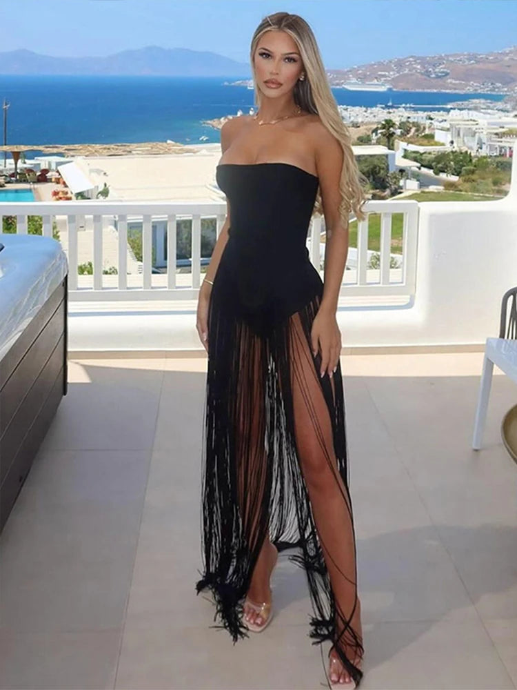 SIsterlinda Tassel Valentine's Day Bodysuit Women Strapless Patchwork Sexy