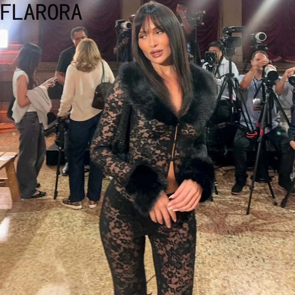 FLARORA Sexy Lace Fur Patchwork 2 Pcs Sets Woman Jacquard