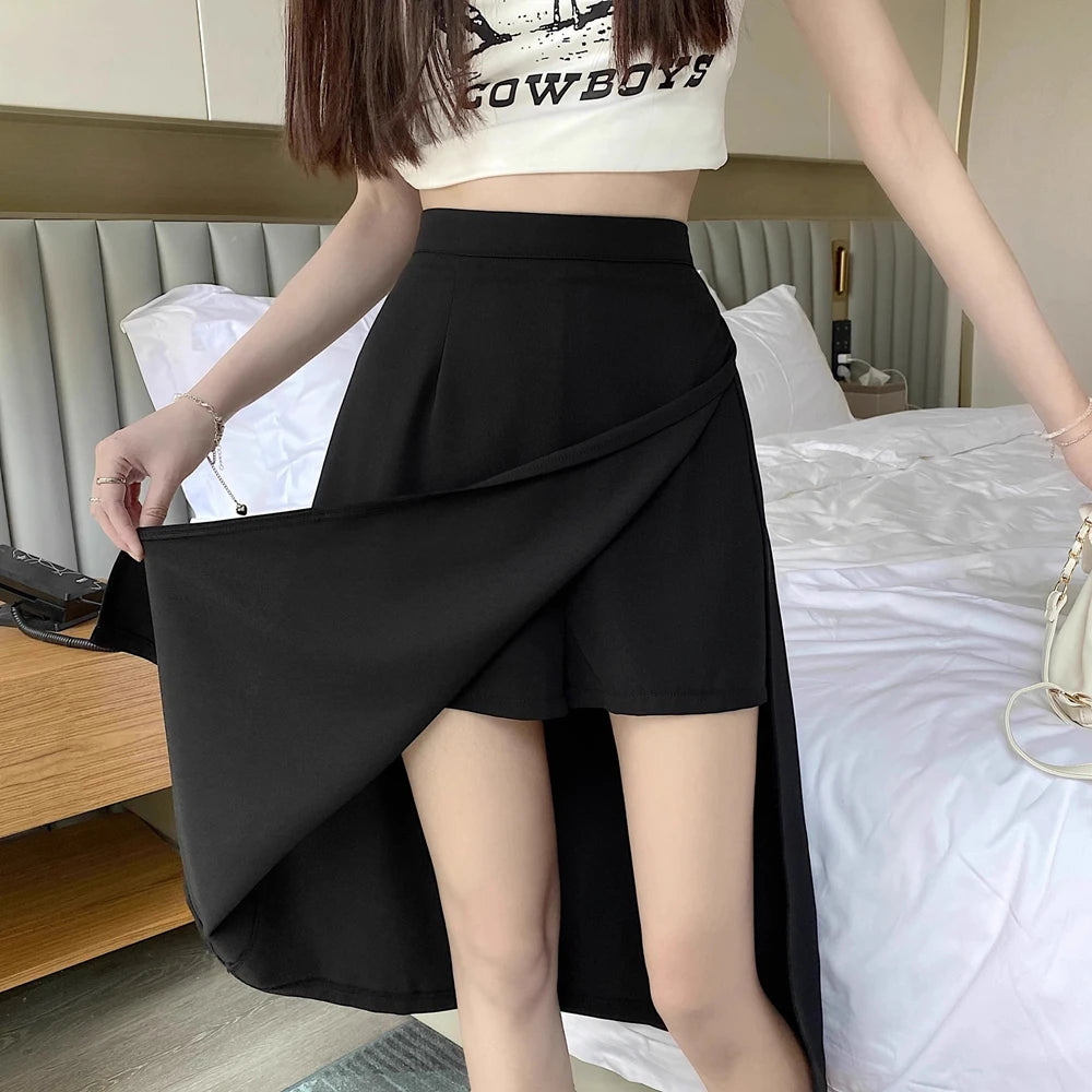 High-Waist Irregular Slit Black Skirt for Women