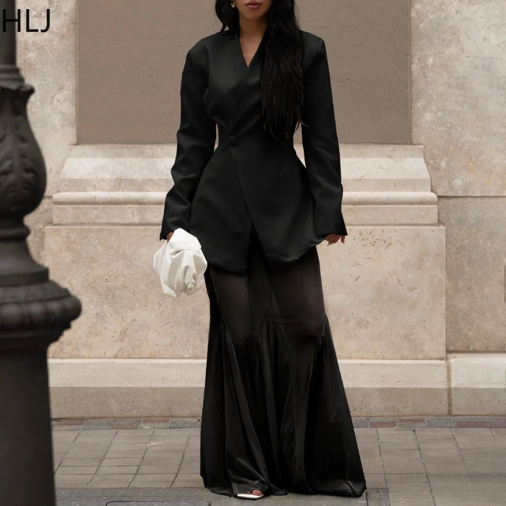 FAGADOER Autumn New Fashion Woman 2 Piece Set Outfit Solid Color Deep V-Neck Jacket and  + Mesh Skirt Matching Female Streetwear