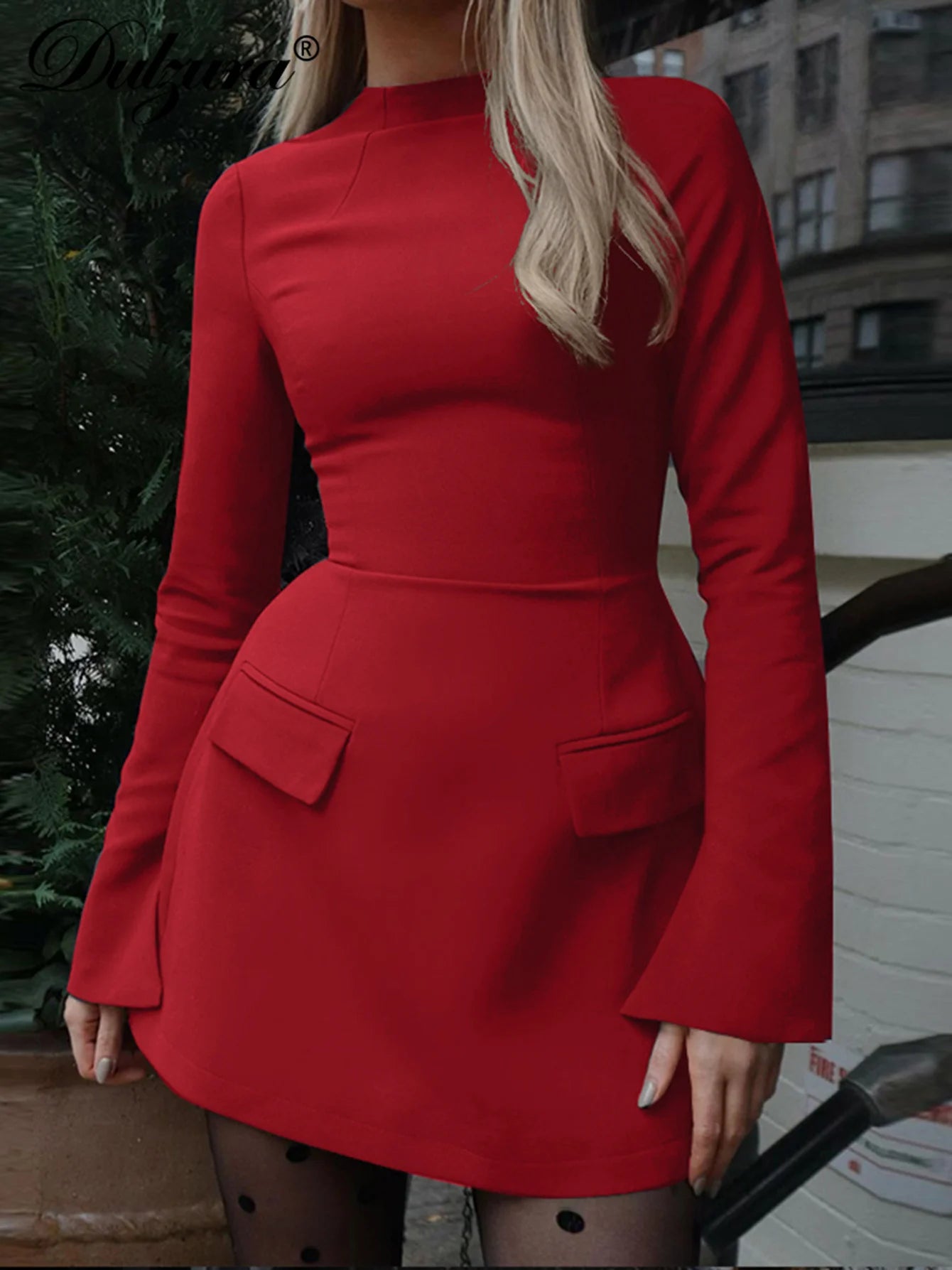 Dulzura Long Sleeves Zipper Bodycon Mini Dress With Pocket
