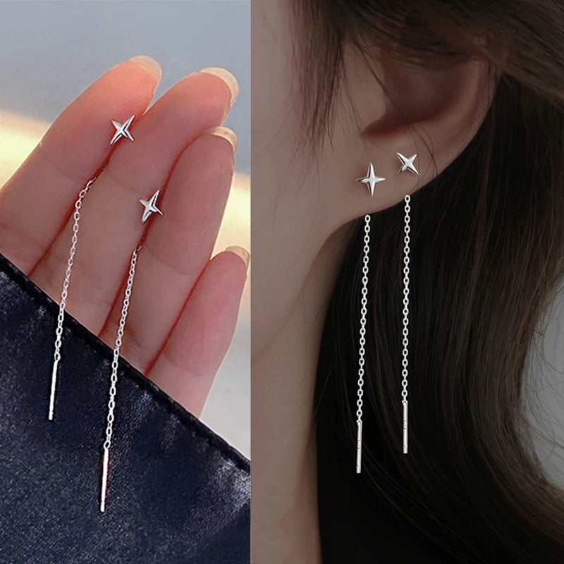 S925 Silver Star Line Tassel Earrings