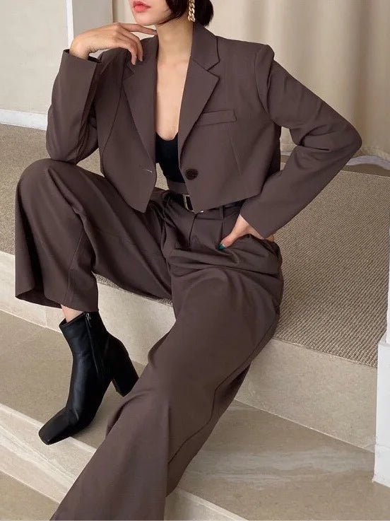 Chic Retro Lapel ort One Button Suit Jaet High Waist Wide Leg Pants