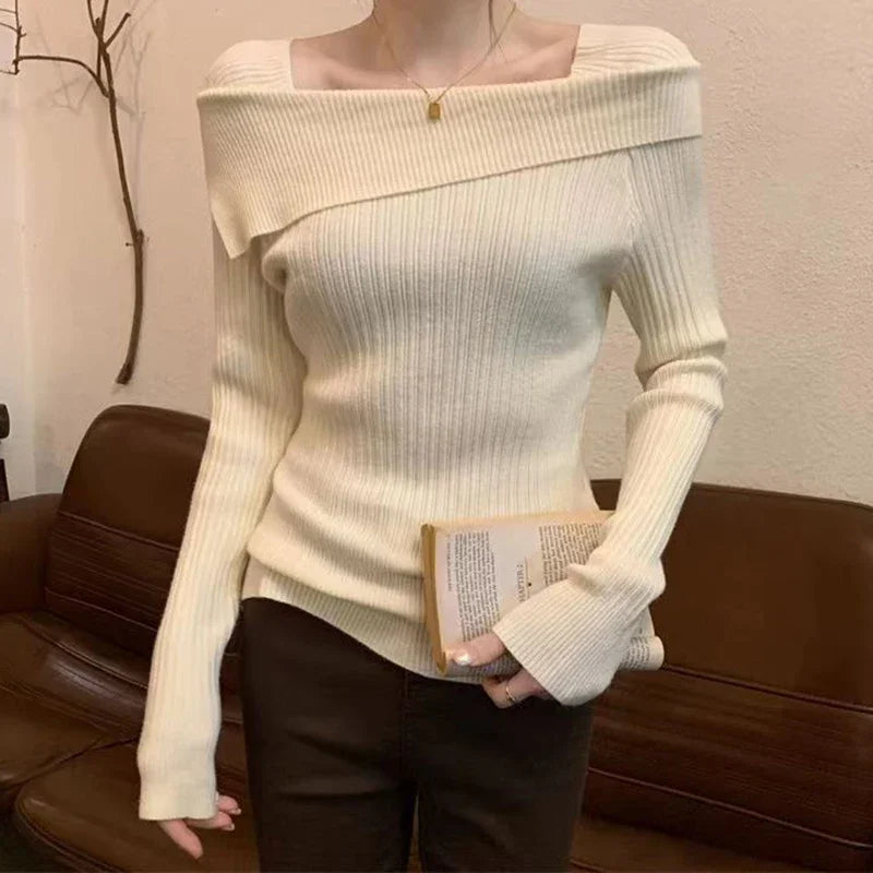 Solid Slim Off-Shoulder Knit Sweater for Women