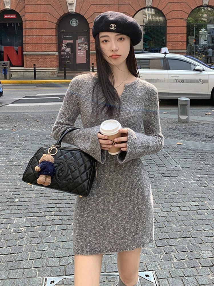 Knitting Sexy Dress for Women Slim Casual Flare Sleeve Gentle Hotsweet Warm Fashion Inner Clothing Autumn Winter Vestidos Soft