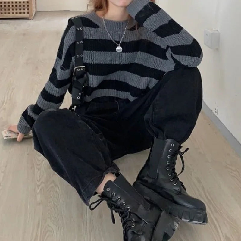 Korean Style Striped Cropped Sweater for Women
