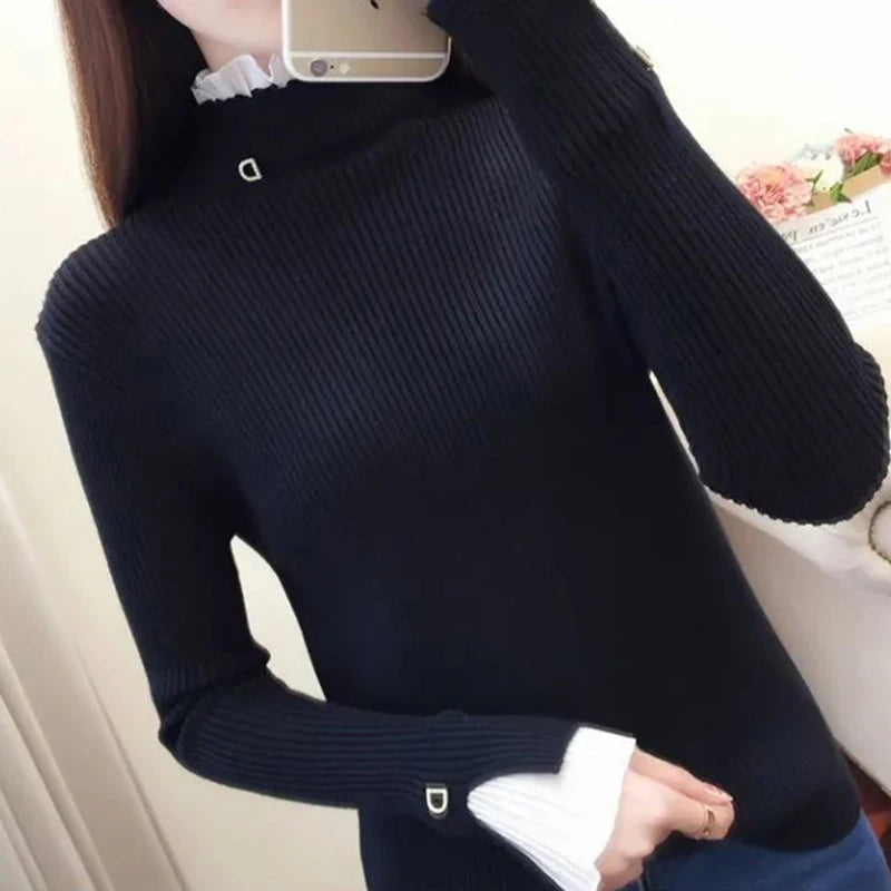 Y2K Lace Patchwork Turtleneck Sweater for Women