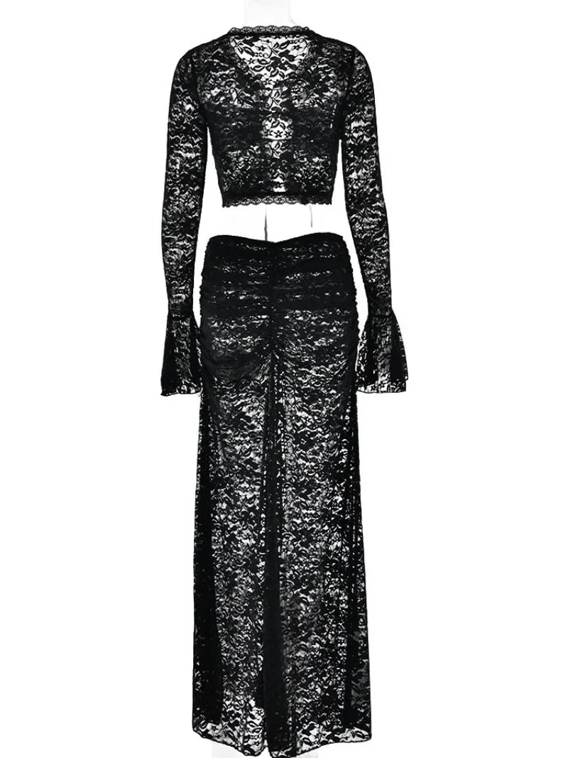Women Sexy Lace Dress Two Piece Sets White Black Lace-up Long Sleeve Cropped Tops+Long Skirts Party Outfit Female Vacation Gown