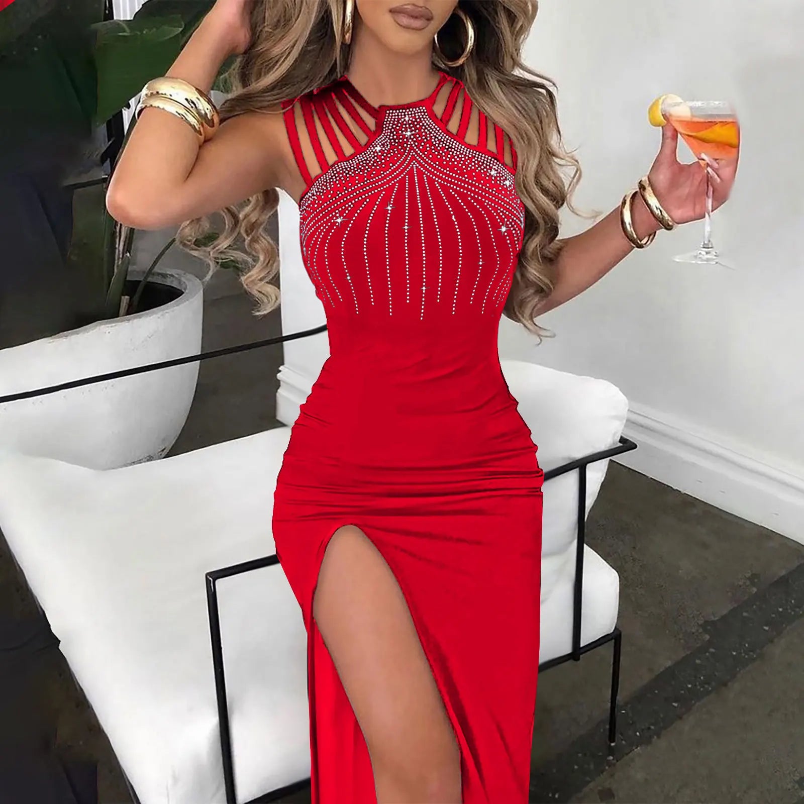 Sexy Dress for Women Rhinestone Decor Elegant Fashion Multi-Strap High Slit O-Neck Sleeveless Maxi Skinny Female Party Dress
