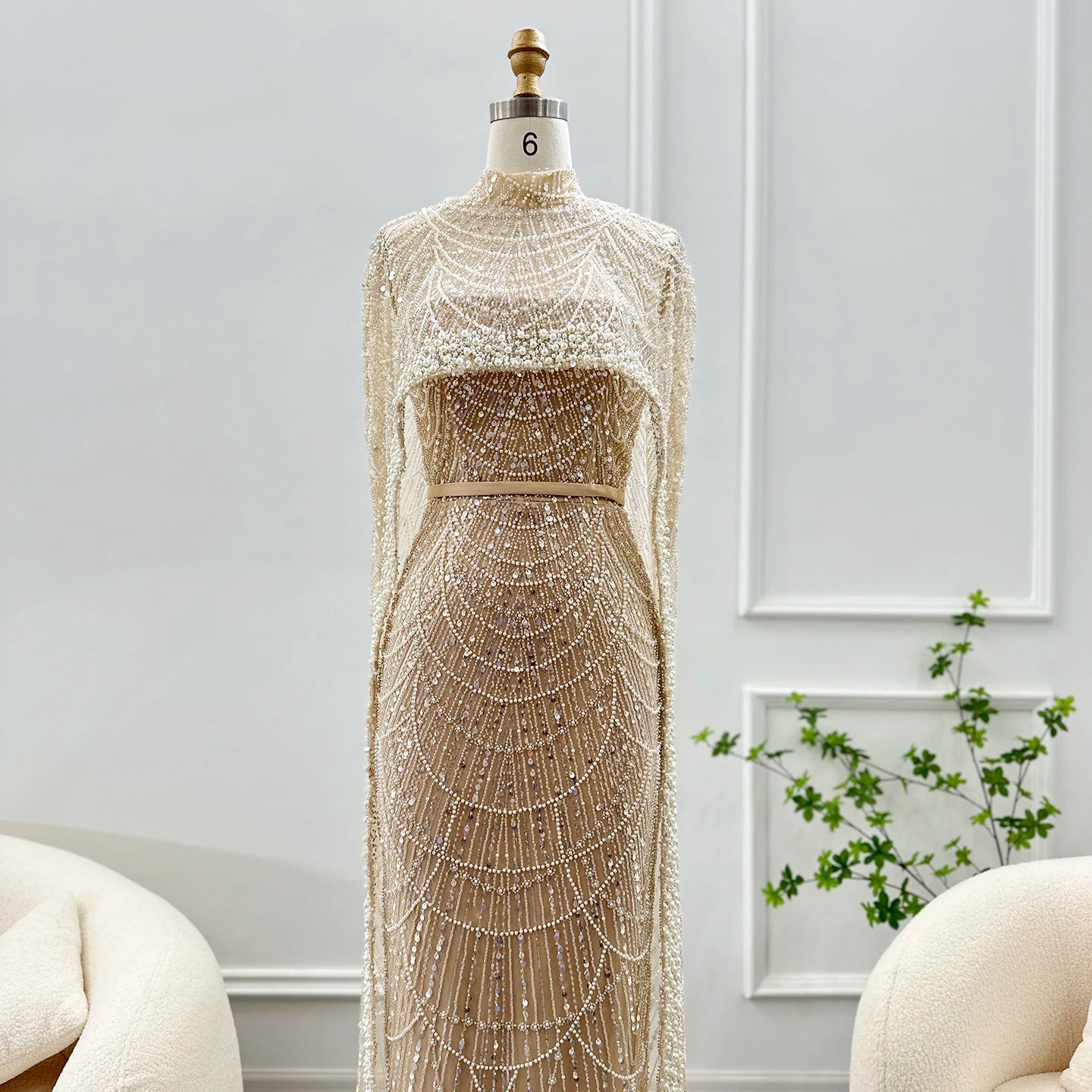 Sharon Said Luxury Pearls Dubai Champagne Evening Dresses