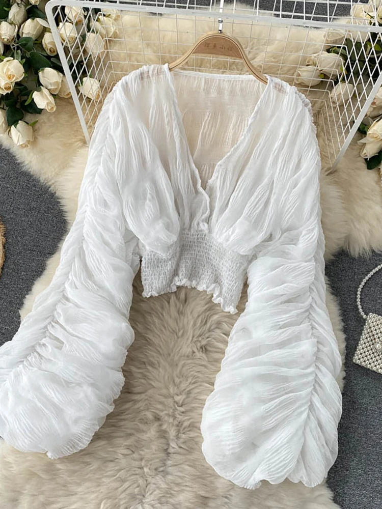 Summer Sexy Draped Chiffon Blouse For Women Elegant V-Neck