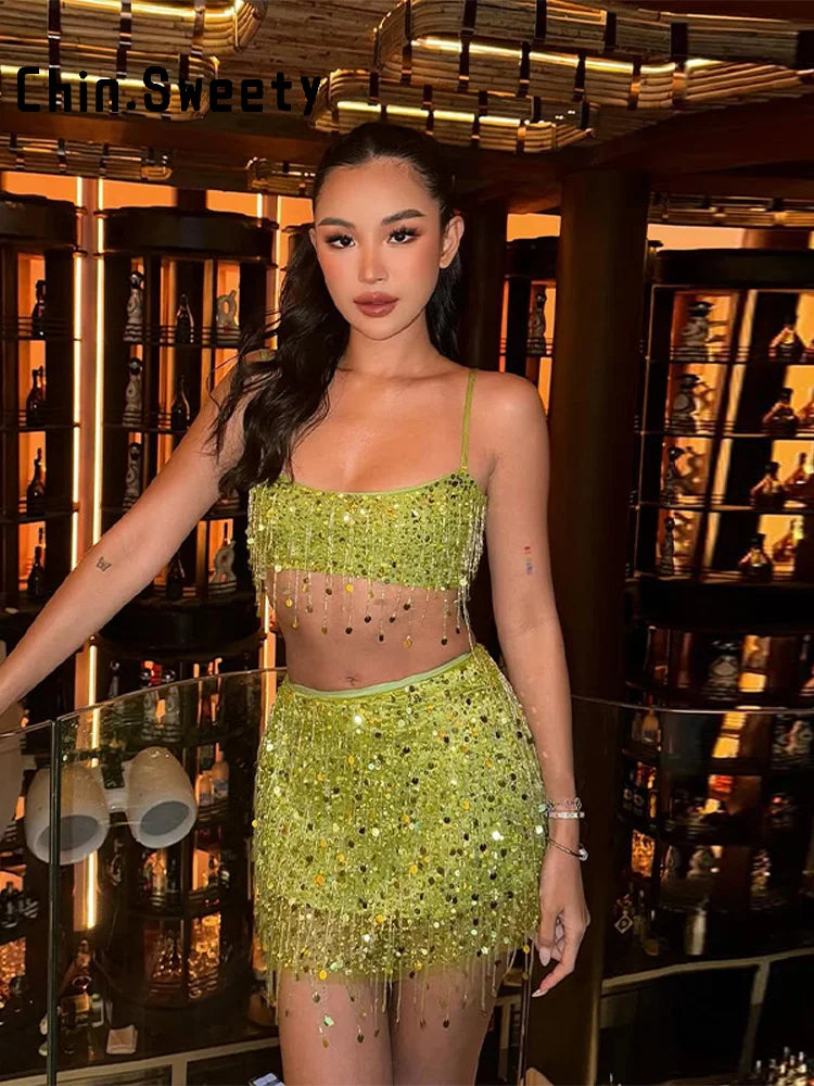 Sexy Beaded Sequin Skirt 2 Pieces Set
