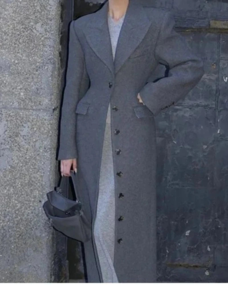 2025 Spring Wool Blazer with Elegant Collar and High Waist - Long Style Wool Coat