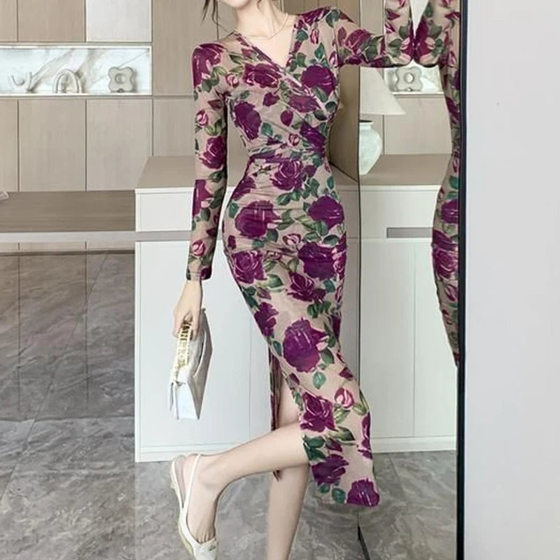 Spring Autumn Elegant Dress Sets Women V-neck Fashion Long Sleeve