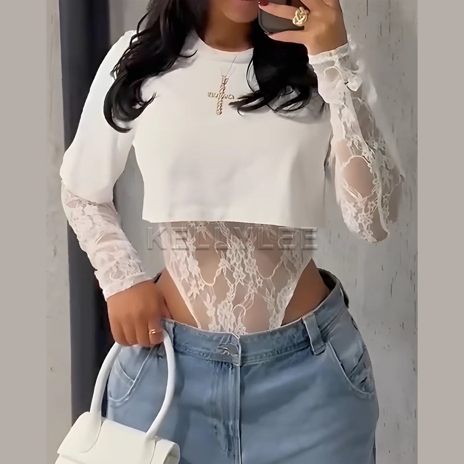 Women's Lace Bodysuit T-shirt Two-Piece Set Ladies Sexy Long Sleeve Shapewear Corsets 2025 New Stylish Women's Clothing Outwear