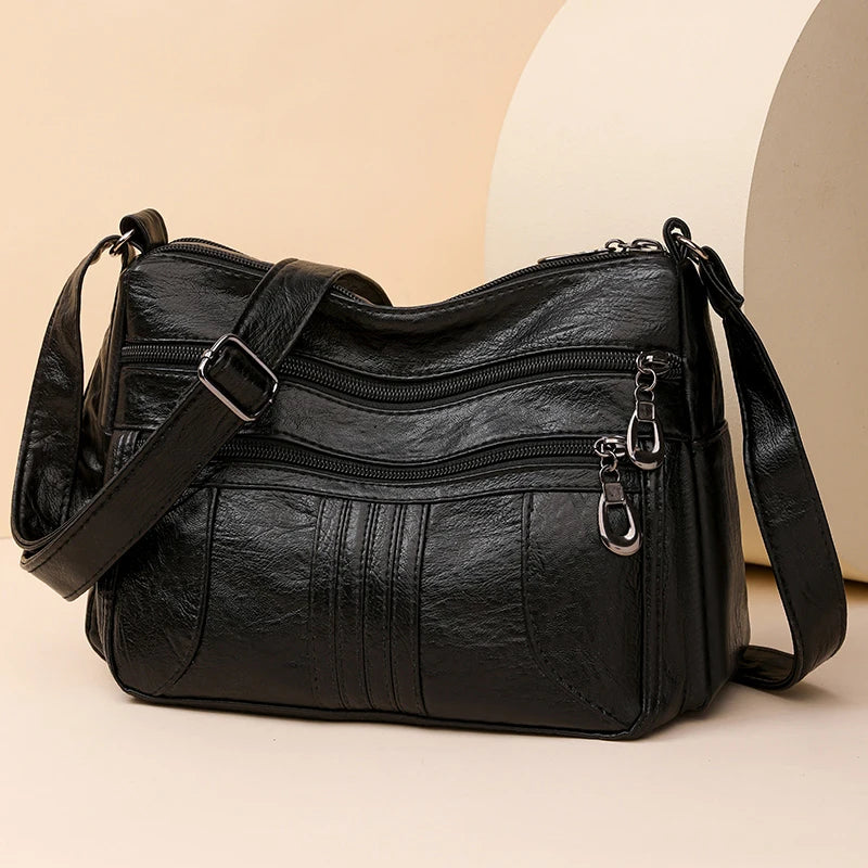 Solid Color Leather Shoulder Crossbody Bag