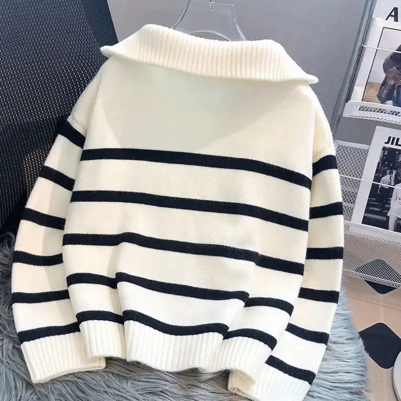 Spring & Autumn Zipper Stripe Sweater for Women