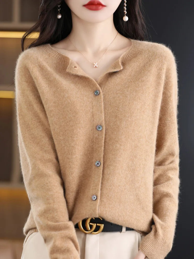 Chic Women's O-Neck Merino Wool Cardigan