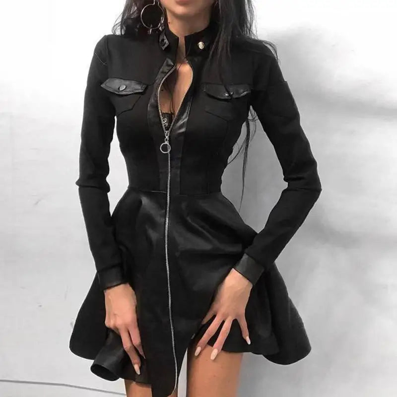 Faux Leather Dress Women Sexy Lace Mini Dress