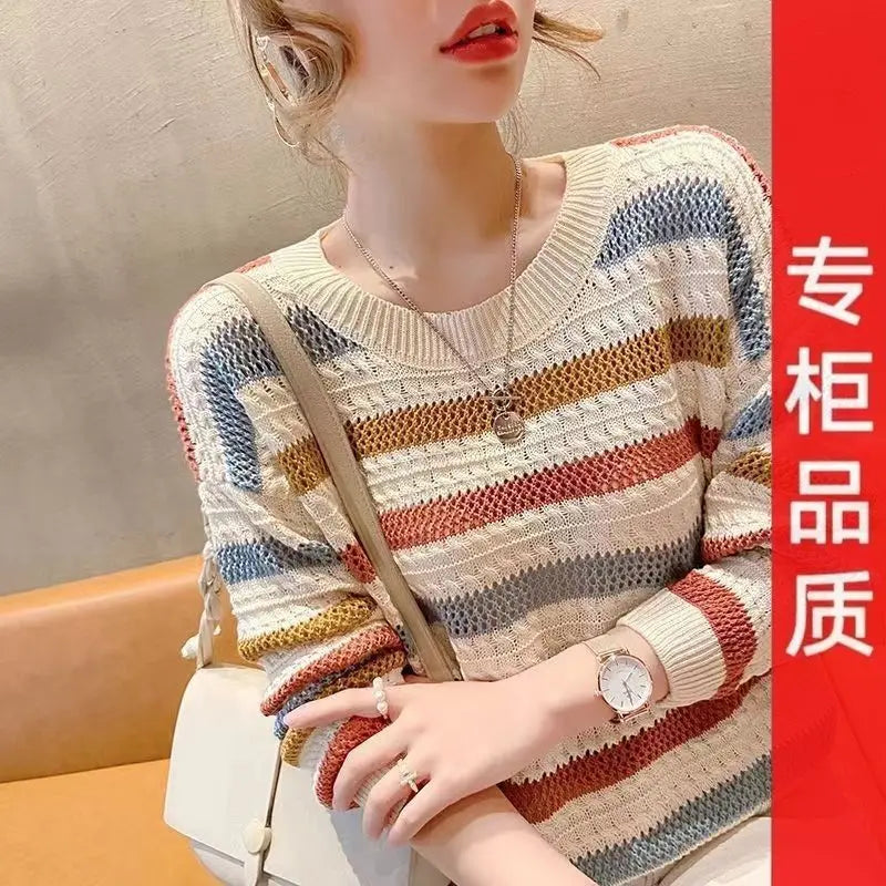 Hollow Striped Cropped Knit Top for Women