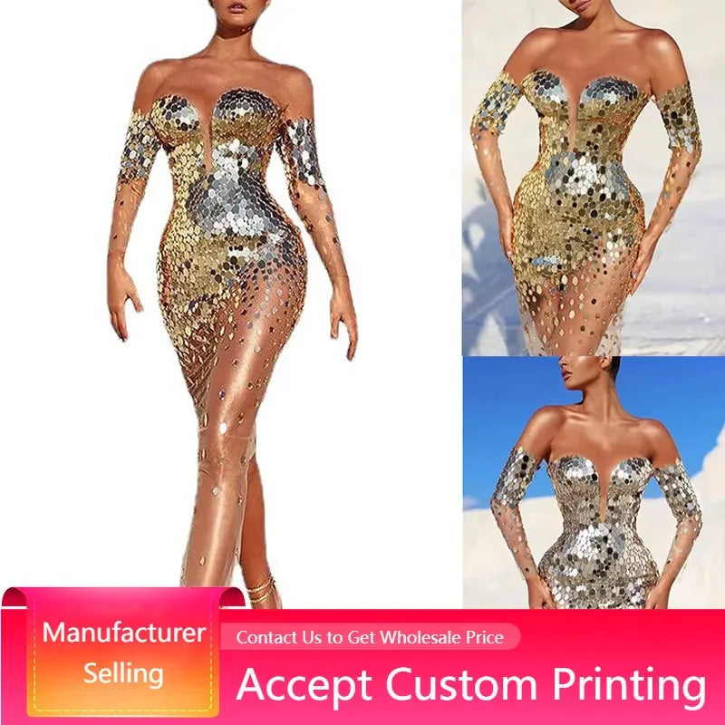 Evening Dress Elegant  One Shoulder Sleeveless Sequined Mesh Temperament Sexy Long Dress Women Bodycon Party Formal Dress