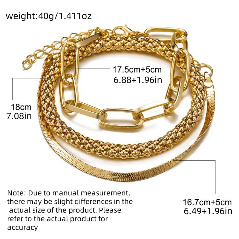 3Pcs Gold Plated Snake Bone Popcorn Chain Bracelet Set