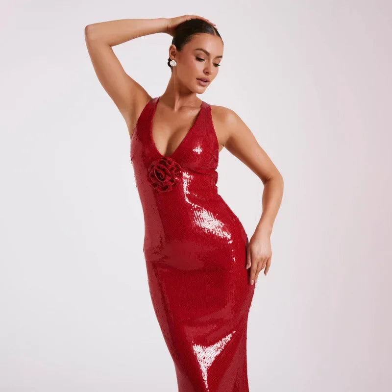 New Hollow out Backless Party Dress Sequin Split Long Skirt Women V Neck Sleeveless Ankle Length Regular Waistline Gown